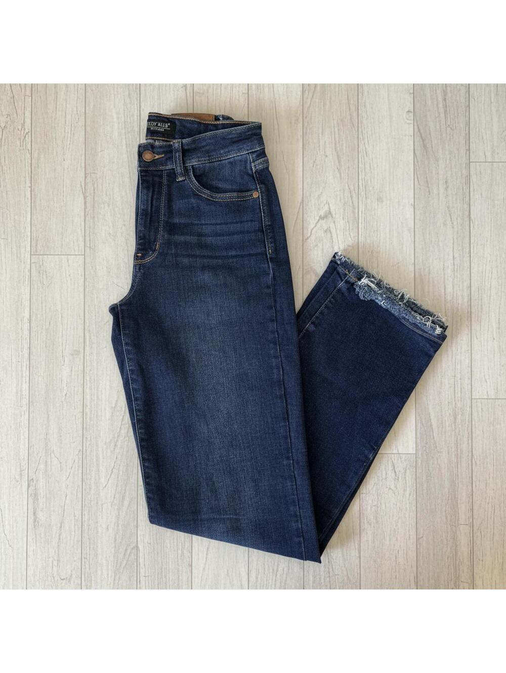JUDY BLUE 5/27 Womens Jeans Dark Wash High Waist Straight Leg Jeans with Raw Hem
